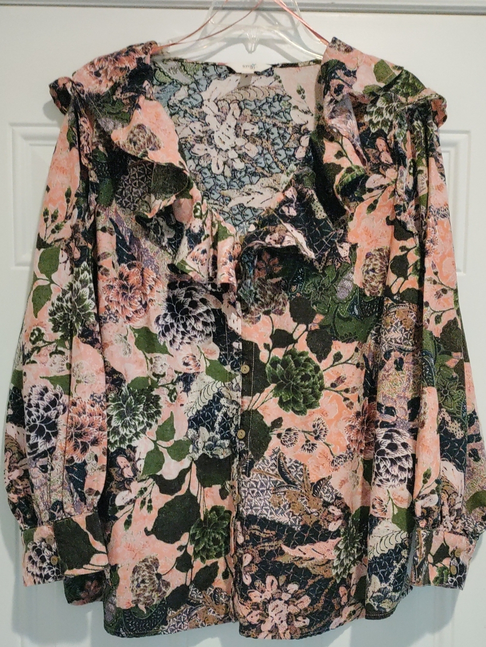 Terra & Sky Pink Green Floral Ruffle Button-Front Shirt